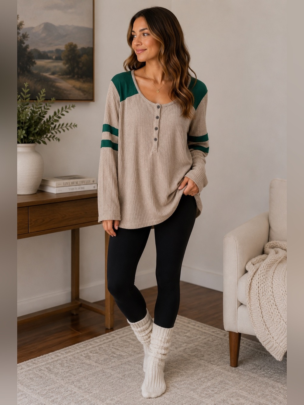 Maurice’s Beige and Green Long Sleeve Thermal Henley Tunic Top Varsity Stripes